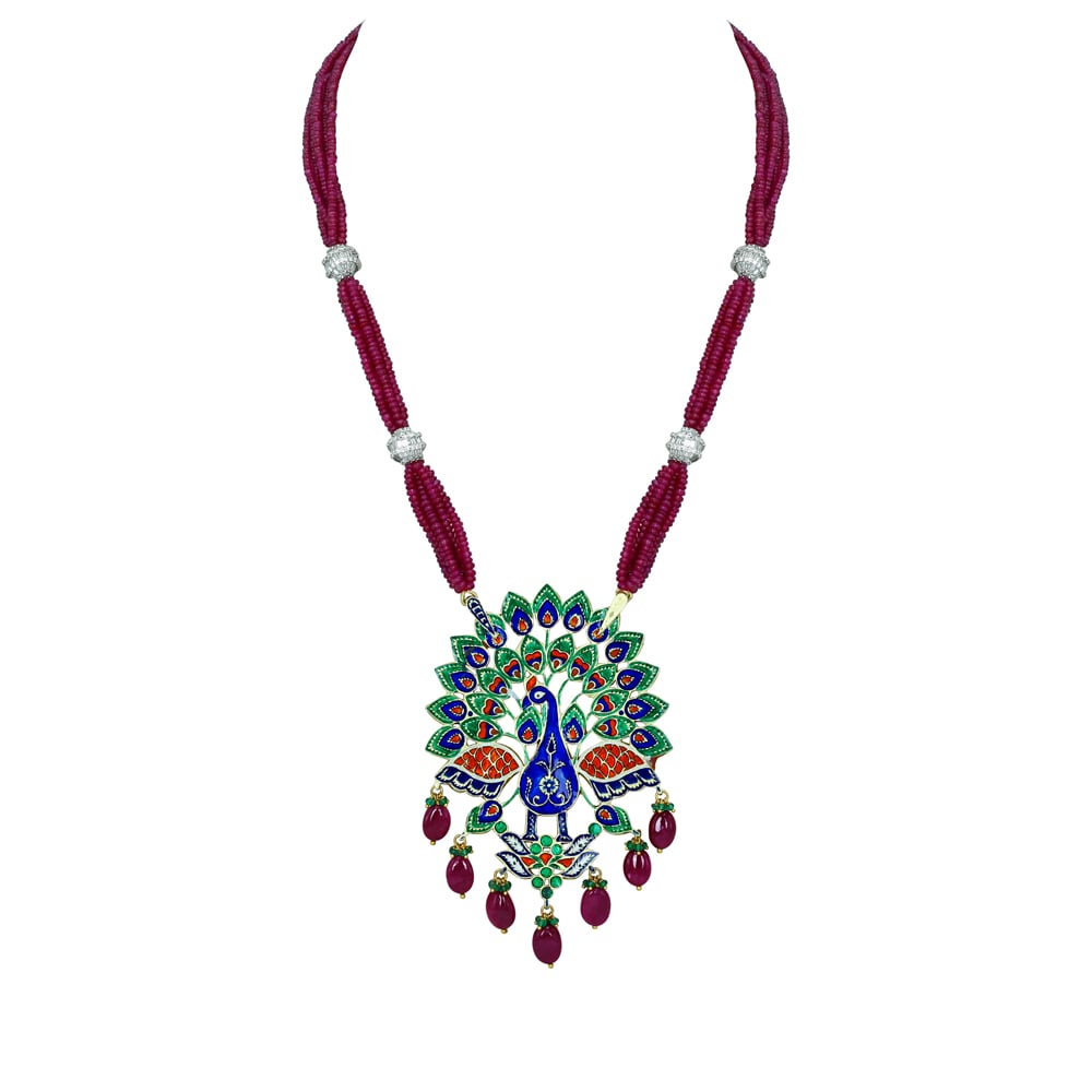 Peacock Pendant Necklace with Polki, Green Enamel, and Ruby Drops